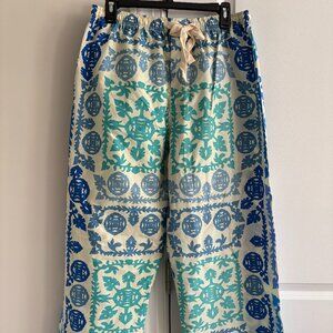 Woven Tile-Print Relaxed Drawstring Pants - Blue & Teal